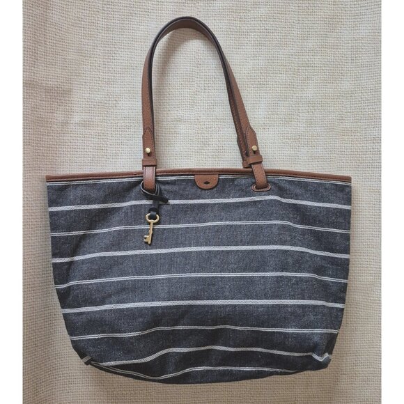 Fossil Gray White Striped Canvas Purse Bag Leather Trim & Adjustable Straps - Picture 6 of 9